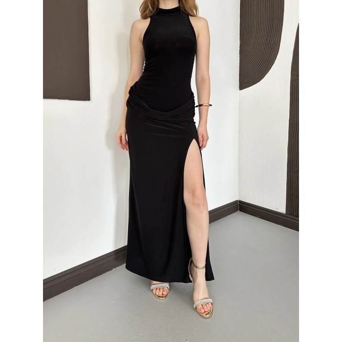 Halter Yaka Bel Detaylı Yırmaçlı Sandy Elbise Siyah