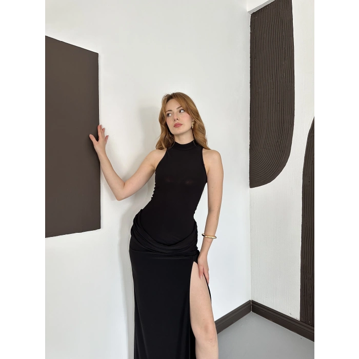 Halter Yaka Bel Detaylı Yırmaçlı Sandy Elbise Siyah