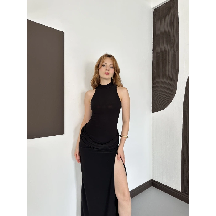 Halter Yaka Bel Detaylı Yırmaçlı Sandy Elbise Siyah