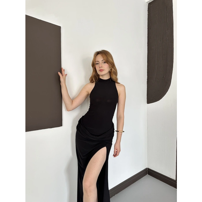 Halter Yaka Bel Detaylı Yırmaçlı Sandy Elbise Siyah