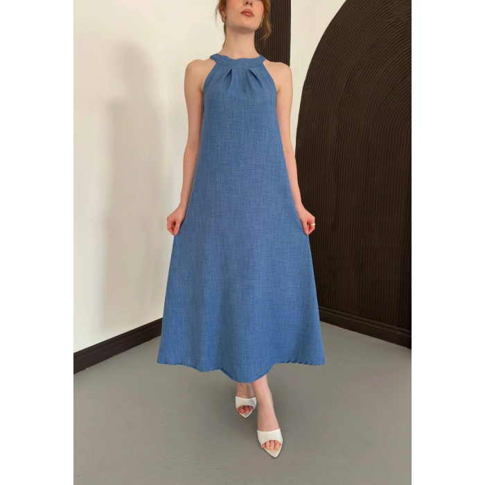 Halter Yaka Ham Keten Elbise İndigomavi