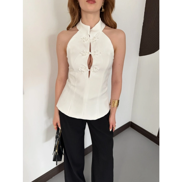 Halter Yaka Sırt Dekolte Fermuarlı Bluz Beyaz
