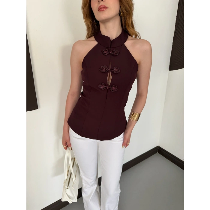 Halter Yaka Sırt Dekolte Fermuarlı Bluz Mürdüm