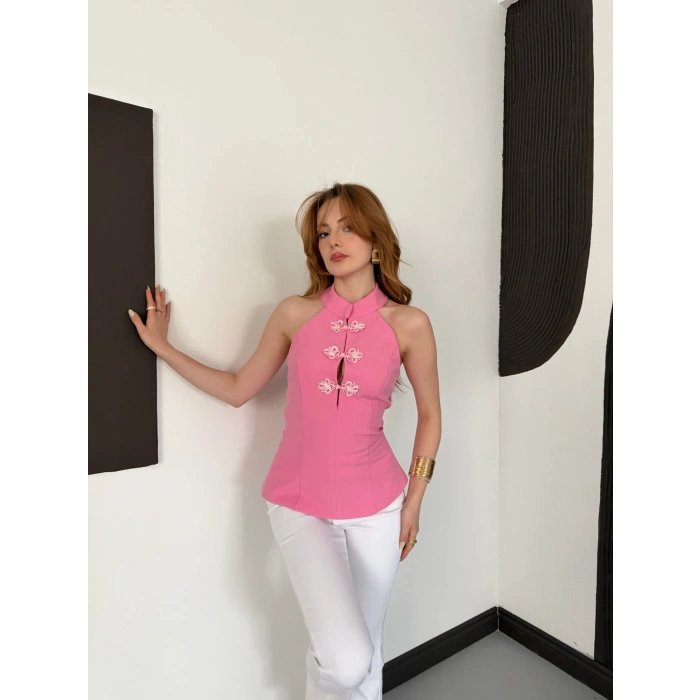 Halter Yaka Sırt Dekolte Fermuarlı Bluz Pembe