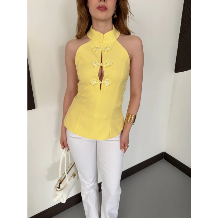 Halter Yaka Sırt Dekolte Fermuarlı Bluz Sarı