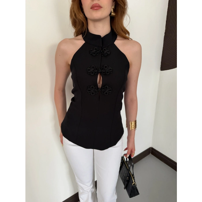 Halter Yaka Sırt Dekolte Fermuarlı Bluz Siyah