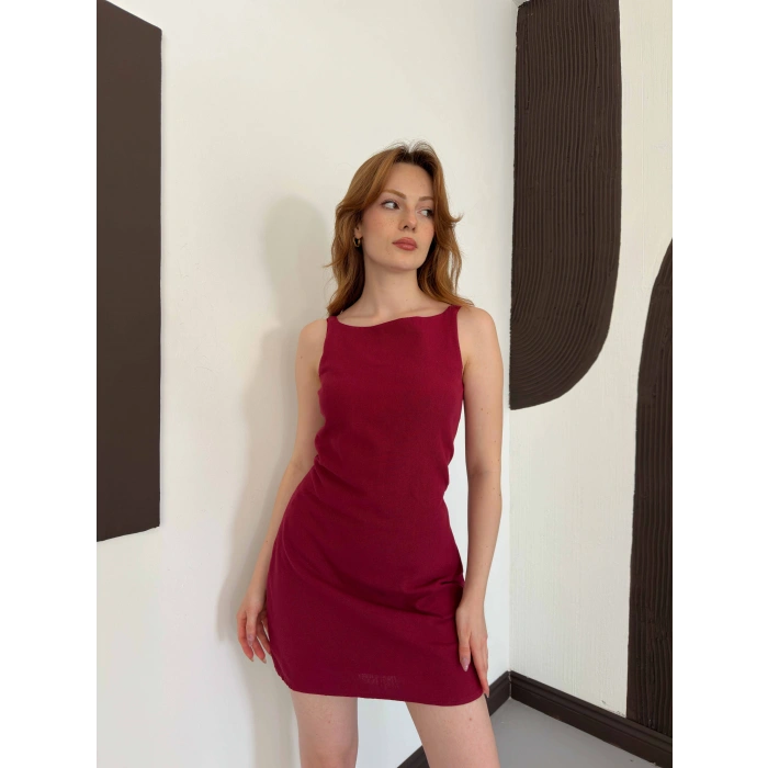 Ham Keten Basic Elbise Bordo