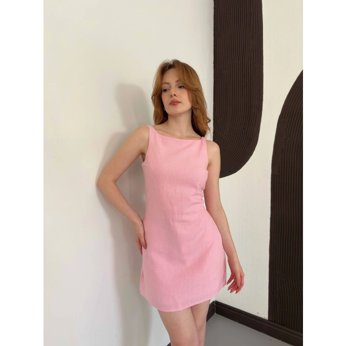 Ham Keten Basic Elbise Pembe