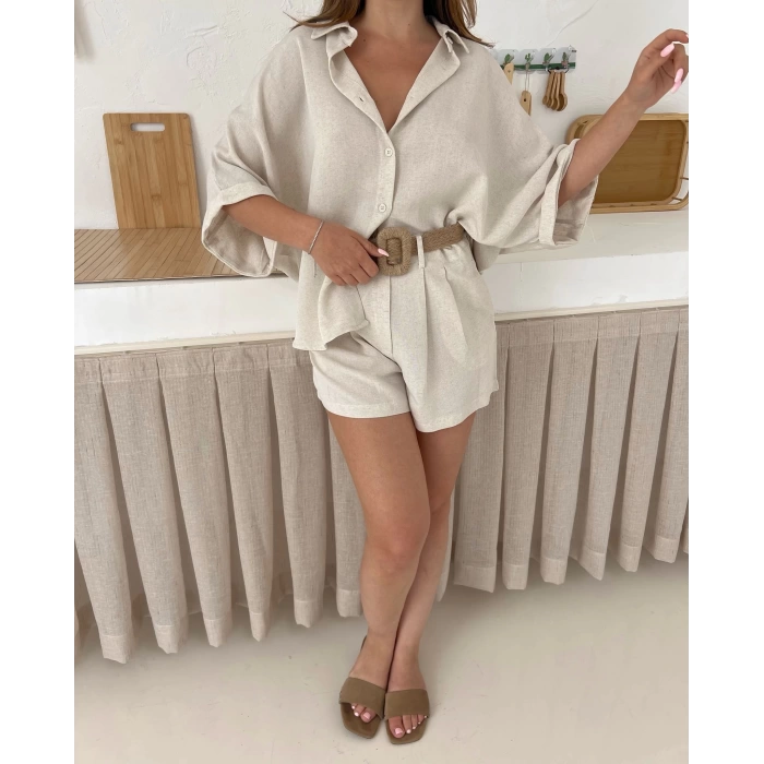 Hasır Kemer Detaylı Şortlu Takım Bej