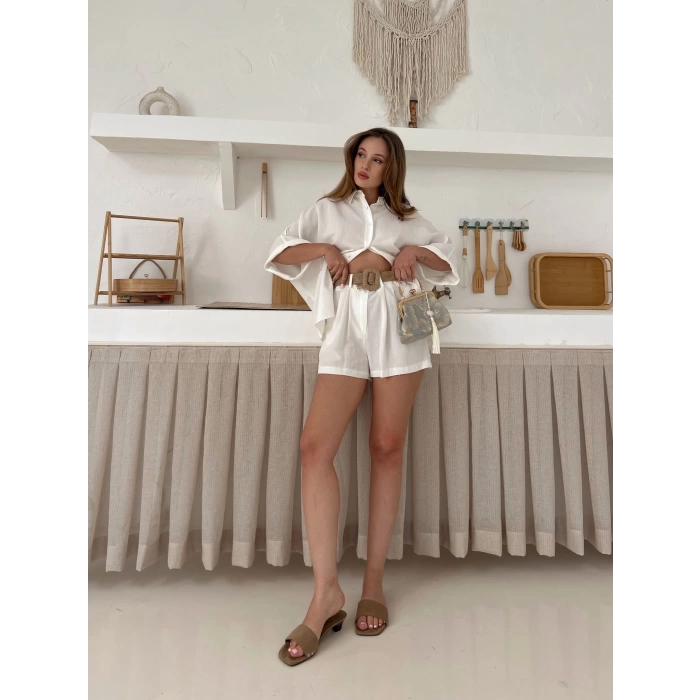 Hasır Kemer Detaylı Şortlu Takım Beyaz