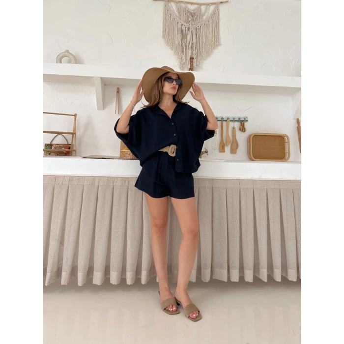 Hasır Kemer Detaylı Şortlu Takım Lacivert
