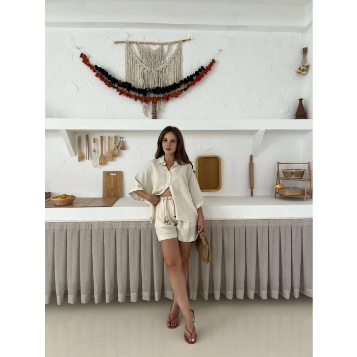Hasır Kemerli Şortlu Keten Takım Bej