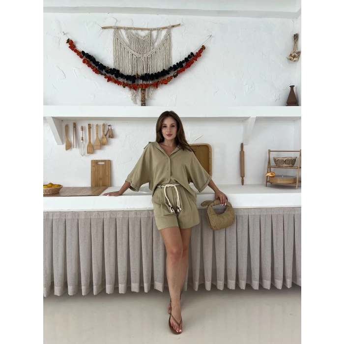 Hasır Kemerli Şortlu Keten Takım Haki