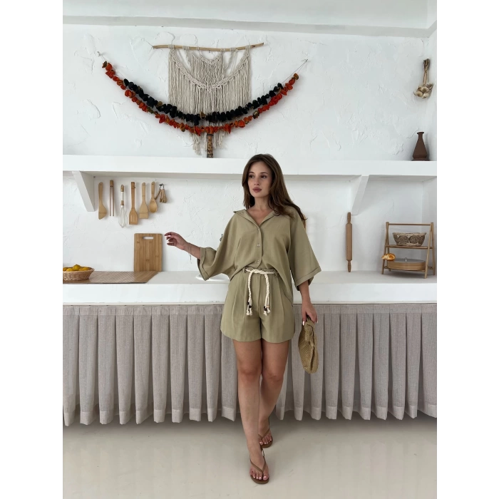 Hasır Kemerli Şortlu Keten Takım Haki