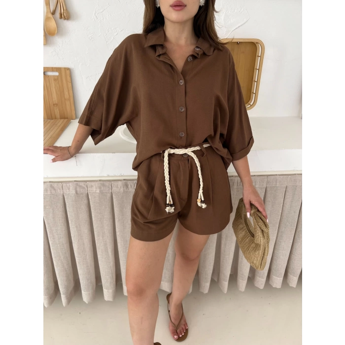 Hasır Kemerli Şortlu Keten Takım Kahve