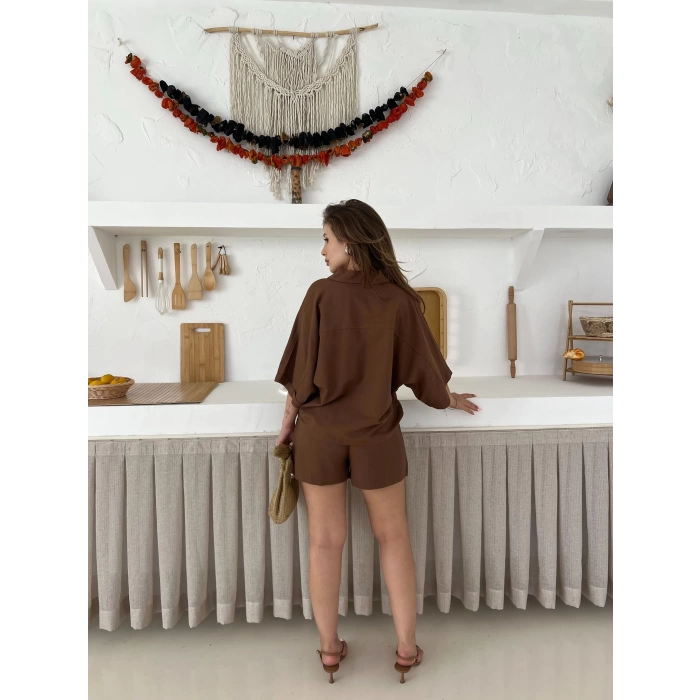 Hasır Kemerli Şortlu Keten Takım Kahve