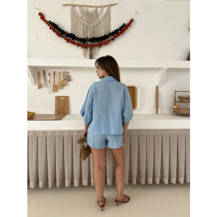 Hasır Kemerli Şortlu Keten Takım Mavi