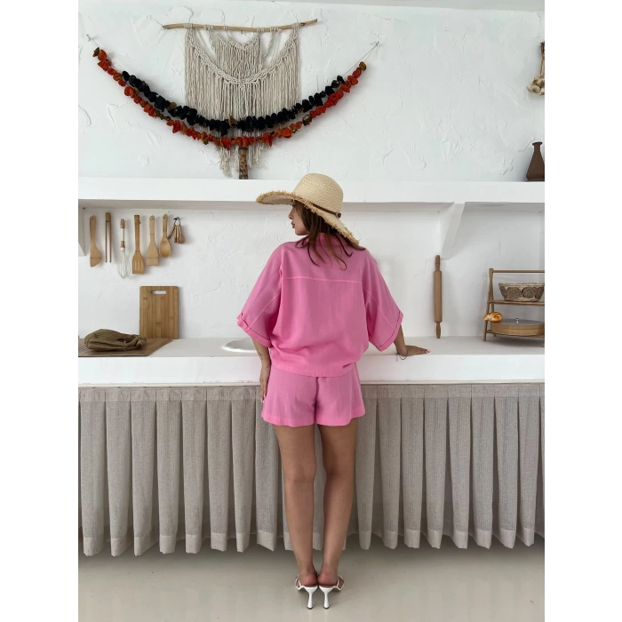 Hasır Kemerli Şortlu Keten Takım Pembe