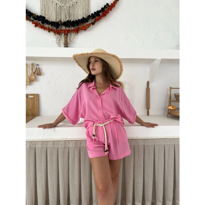 Hasır Kemerli Şortlu Keten Takım Pembe
