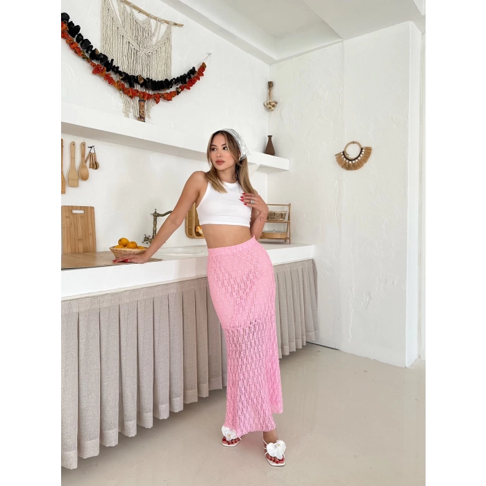 İçi Astarlı Dantel Detay Etek Pembe