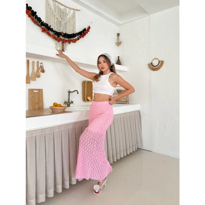 İçi Astarlı Dantel Detay Etek Pembe