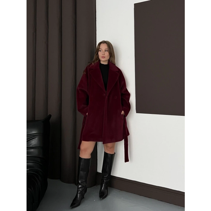 İçi Astarlı Yumoş Kumaş Kuşaklı Kaban Bordo