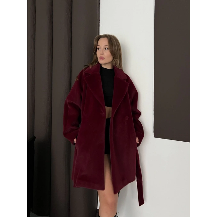 İçi Astarlı Yumoş Kumaş Kuşaklı Kaban Bordo