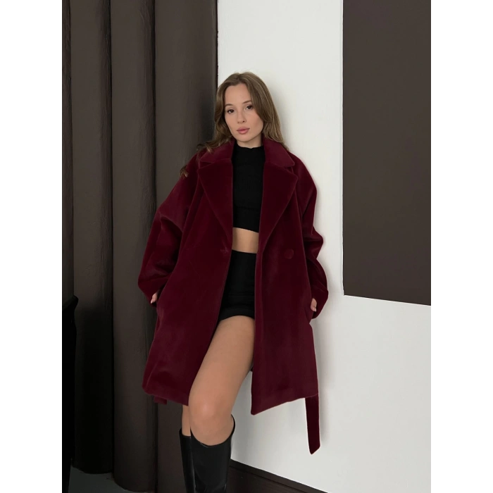 İçi Astarlı Yumoş Kumaş Kuşaklı Kaban Bordo