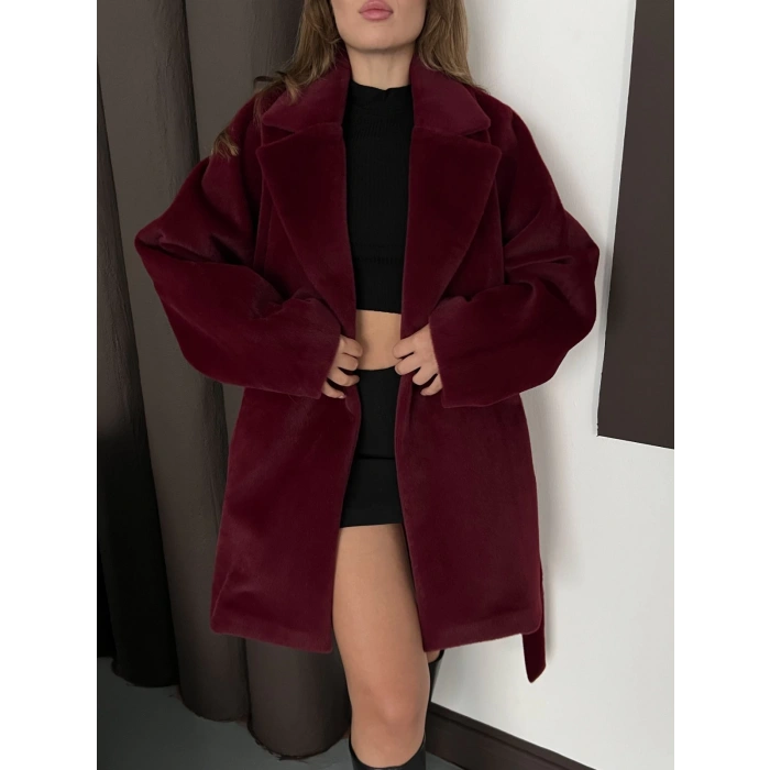 İçi Astarlı Yumoş Kumaş Kuşaklı Kaban Bordo