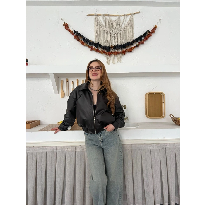 İçi Peluşlu Bel Lastikli Deri Ceket Acı Kahve