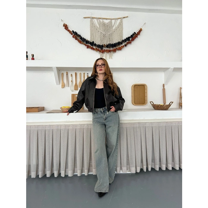 İçi Peluşlu Bel Lastikli Deri Ceket Acı Kahve