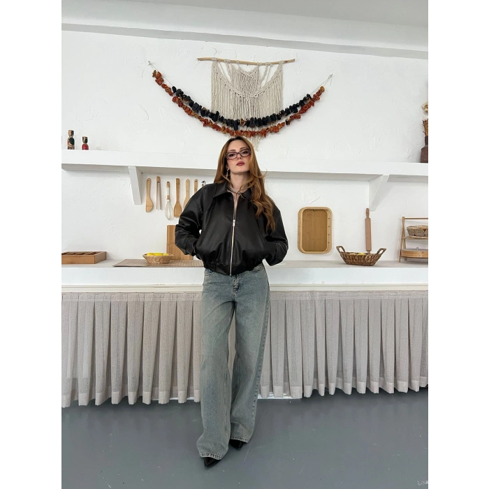 İçi Peluşlu Bel Lastikli Deri Ceket Acı Kahve