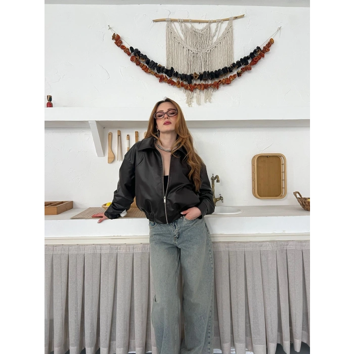 İçi Peluşlu Bel Lastikli Deri Ceket Acı Kahve