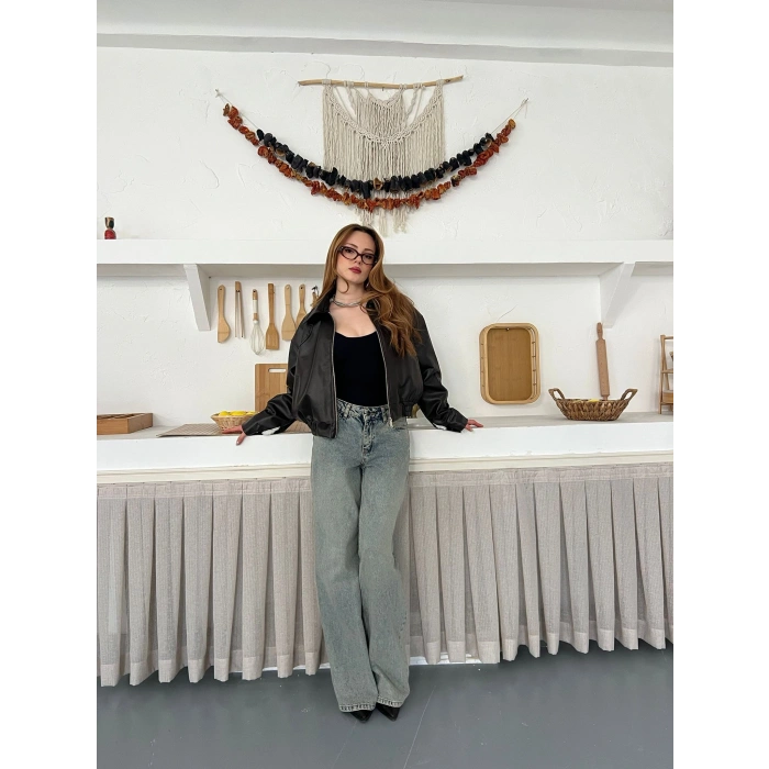 İçi Peluşlu Bel Lastikli Deri Ceket Acı Kahve