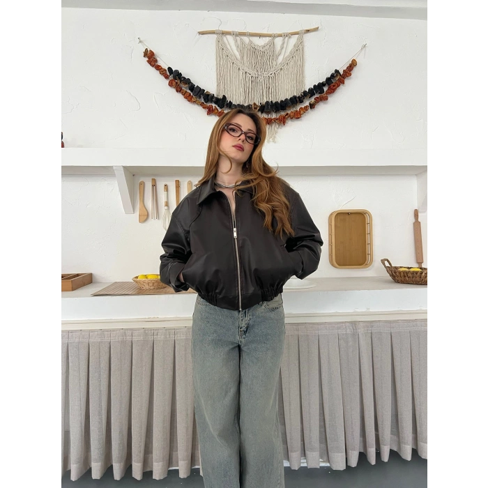 İçi Peluşlu Bel Lastikli Deri Ceket Acı Kahve