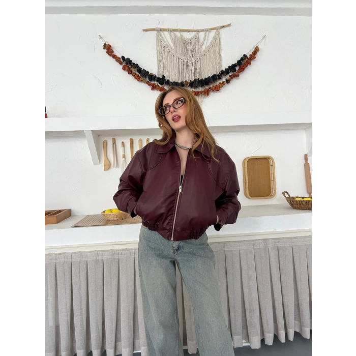 İçi Peluşlu Bel Lastikli Deri Ceket Bordo