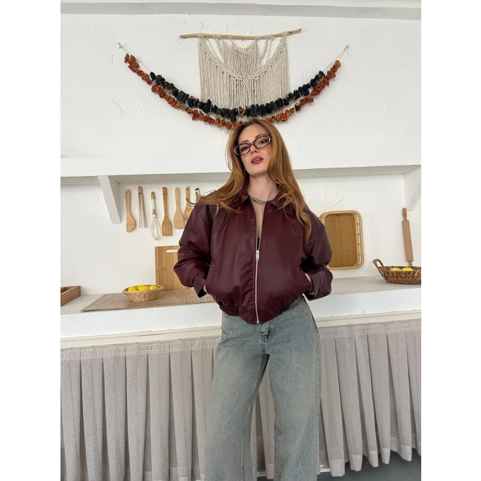 İçi Peluşlu Bel Lastikli Deri Ceket Bordo