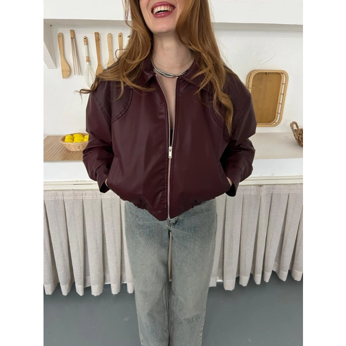 İçi Peluşlu Bel Lastikli Deri Ceket Bordo