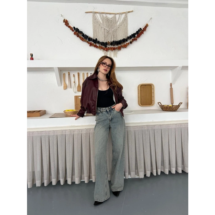 İçi Peluşlu Bel Lastikli Deri Ceket Bordo