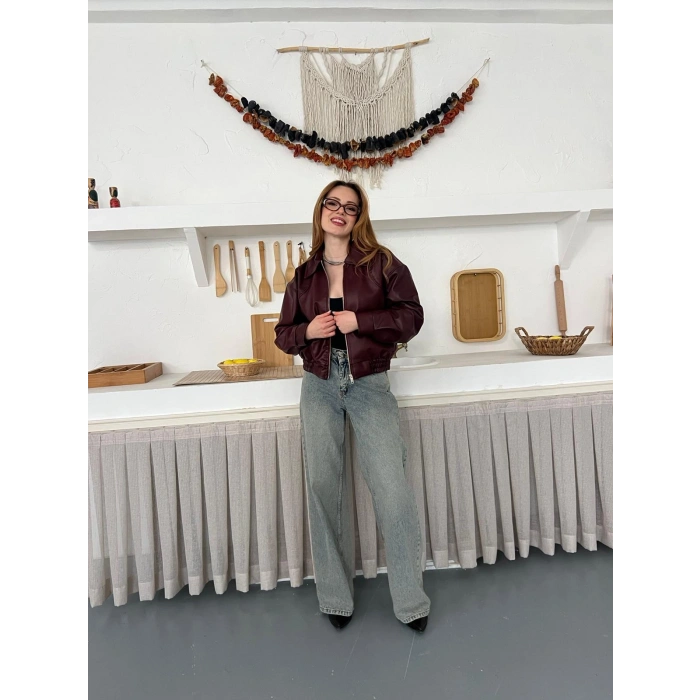 İçi Peluşlu Bel Lastikli Deri Ceket Bordo