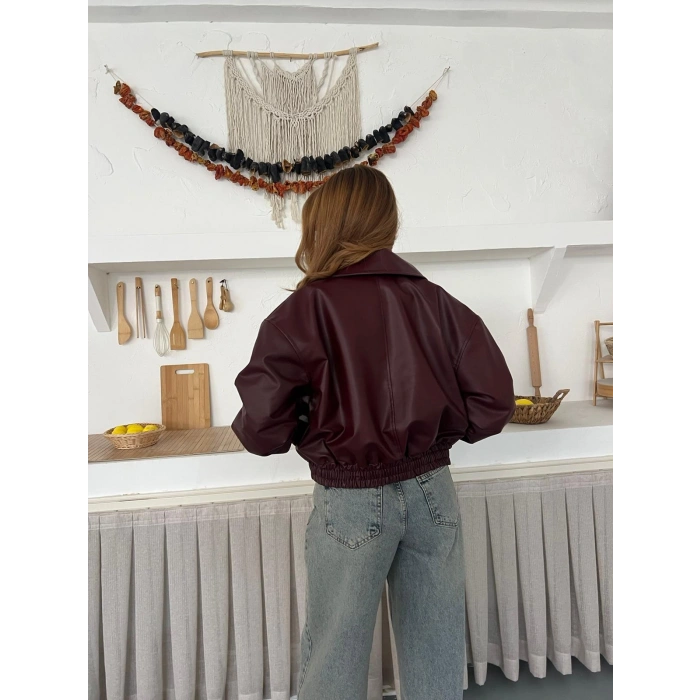 İçi Peluşlu Bel Lastikli Deri Ceket Bordo
