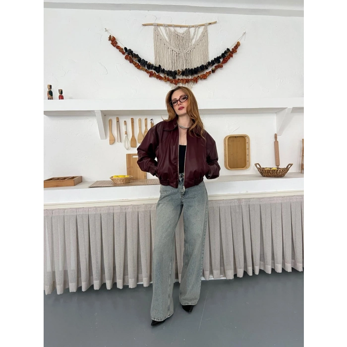 İçi Peluşlu Bel Lastikli Deri Ceket Bordo