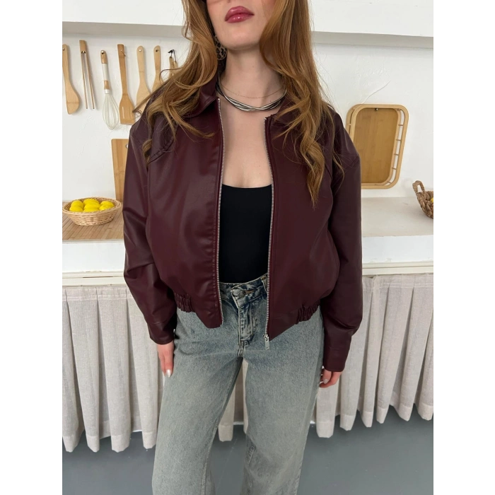 İçi Peluşlu Bel Lastikli Deri Ceket Bordo