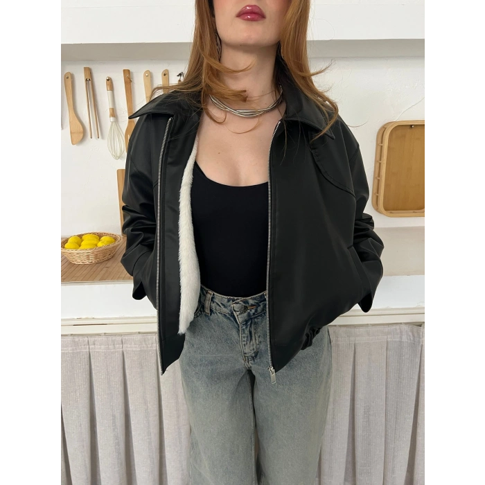 İçi Peluşlu Bel Lastikli Deri Ceket Siyah