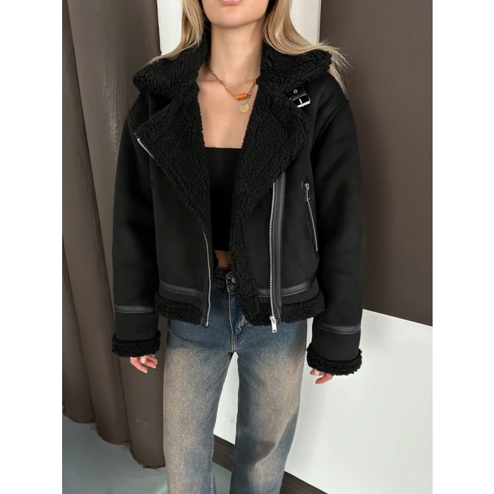 İçi Peluşlu Lamine Ceket Siyah