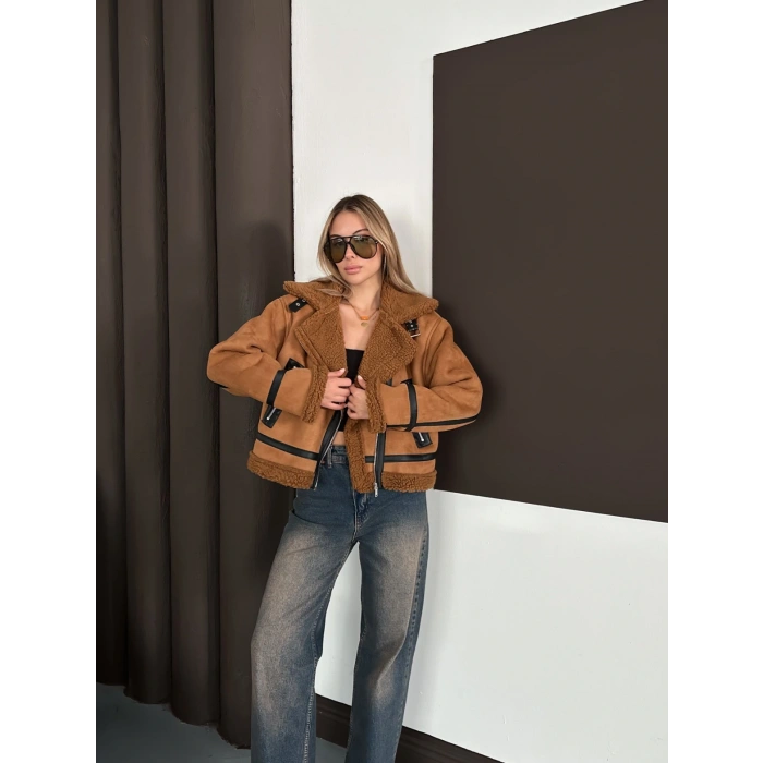 İçi Peluşlu Lamine Ceket Taba