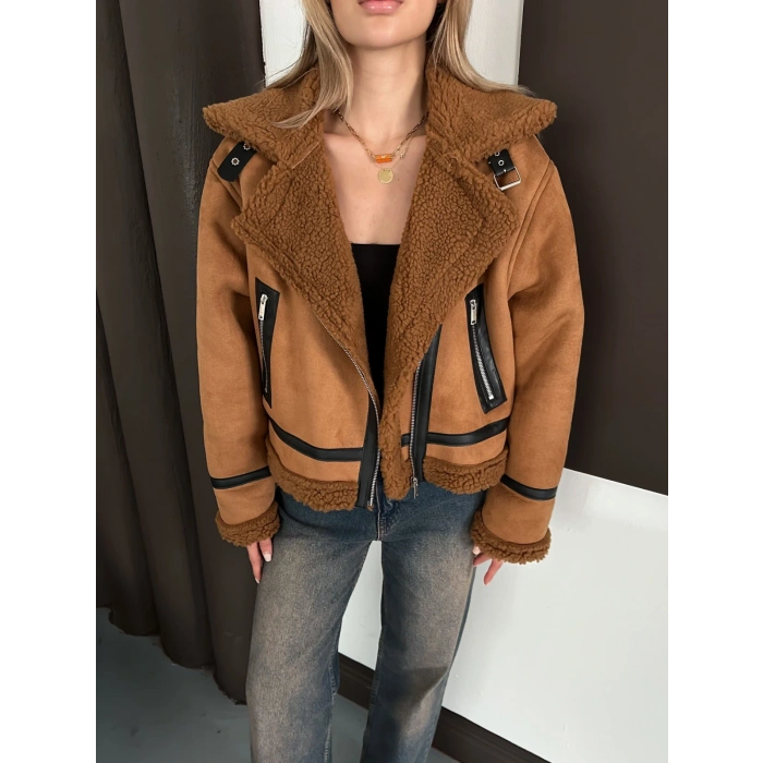 İçi Peluşlu Lamine Ceket Taba