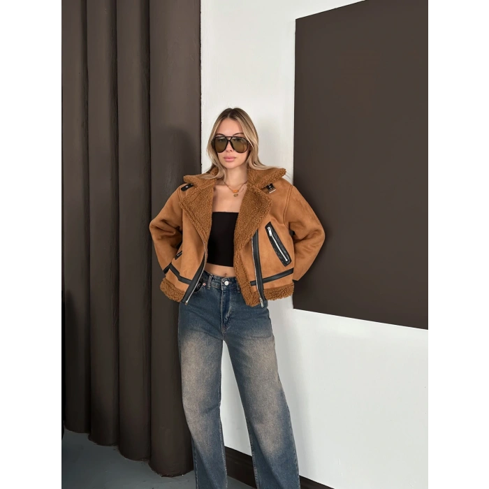 İçi Peluşlu Lamine Ceket Taba