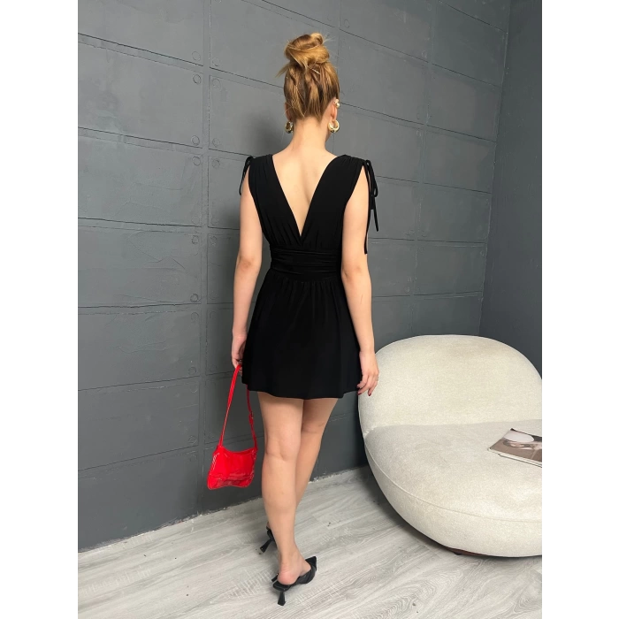 İçi Şortlu Omuz Detaylı Mini Elbise Siyah