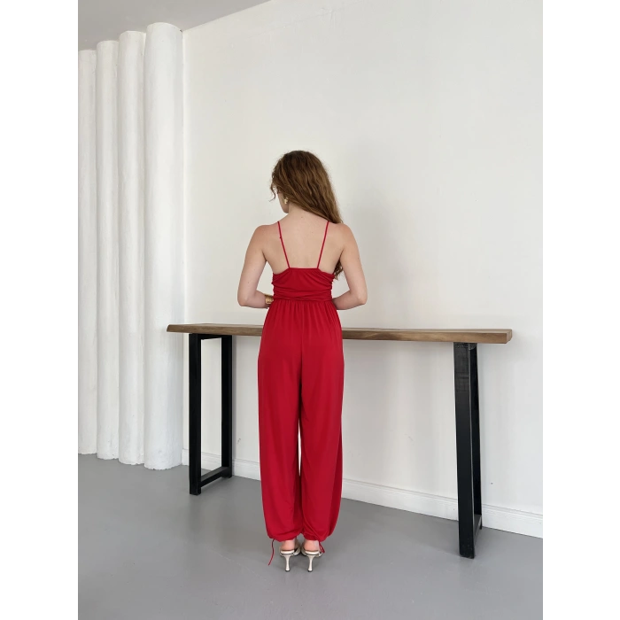 İp Askılı Paça Detaylı Tulum Kırmızı